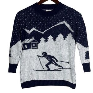 Vintage J.Crew Blue and White Ski Graphic Crewneck Sweater